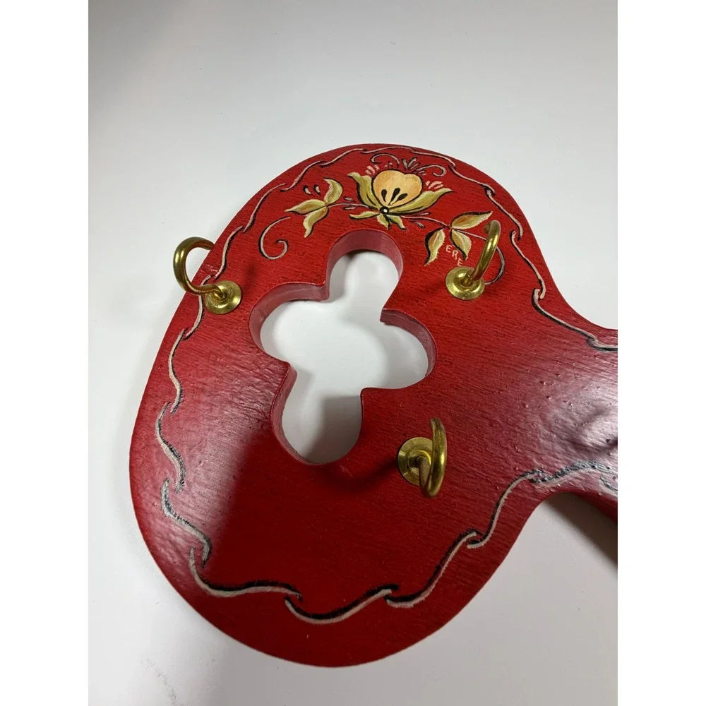 Scandinavian Wooden Key Holder Rosemaling Red Folk Art Hand Painted Wall Decor